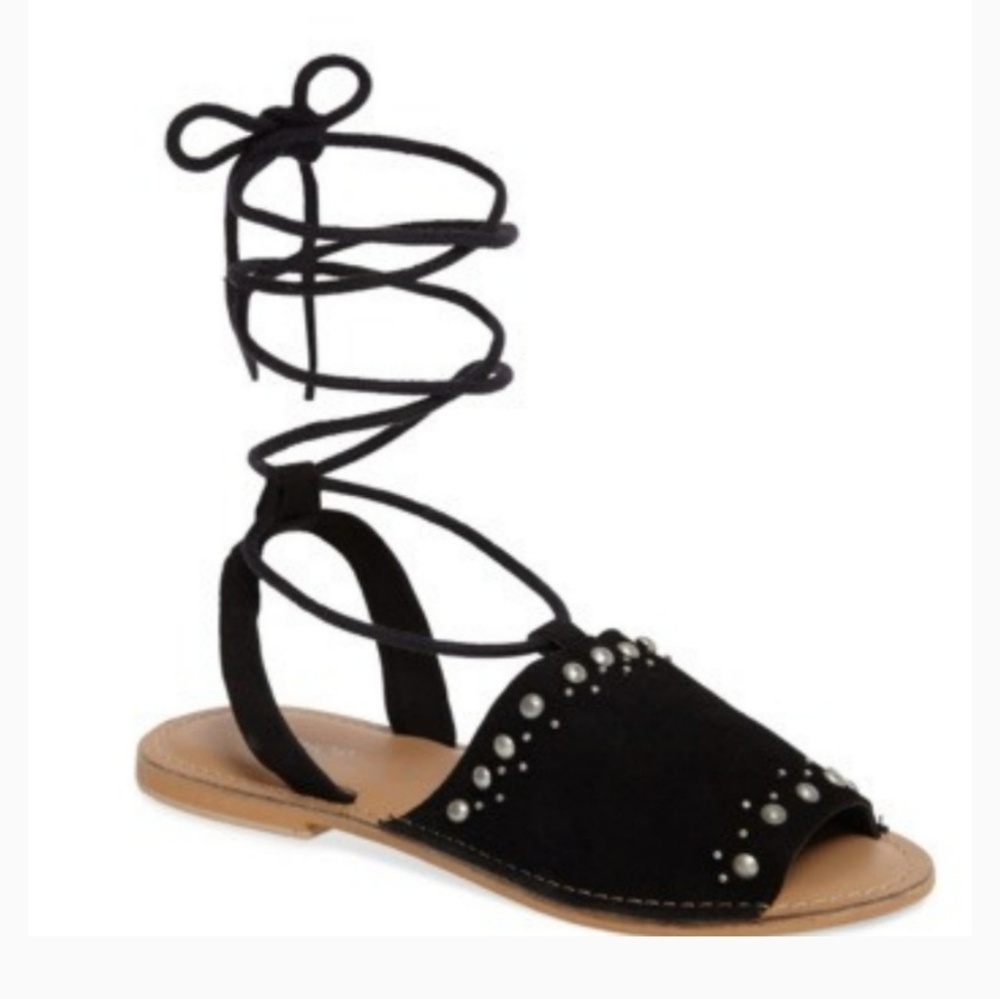 Topshop Hope Black Suede Lace Up Gladiator Studded Flat Sandals Wrap Around Boho